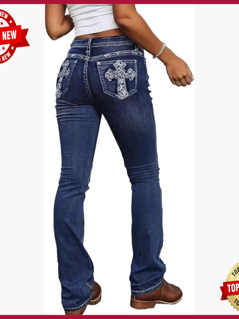 Mid Rise Bootcut Jeans With Rhinestone Criss Cross Embroidery Stretchy Curvy Fit